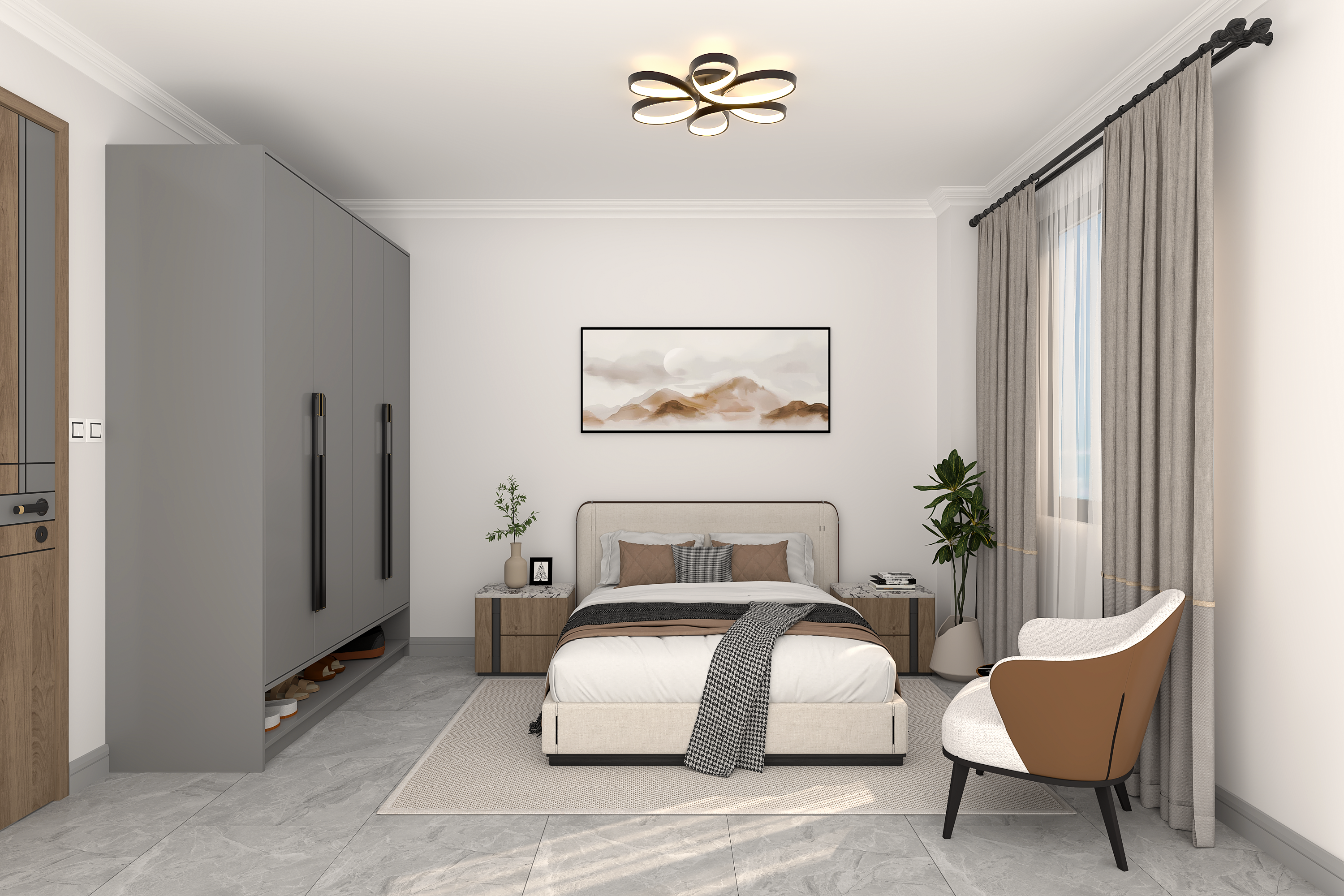 Bedroom render with wardrobe and soft furnishings