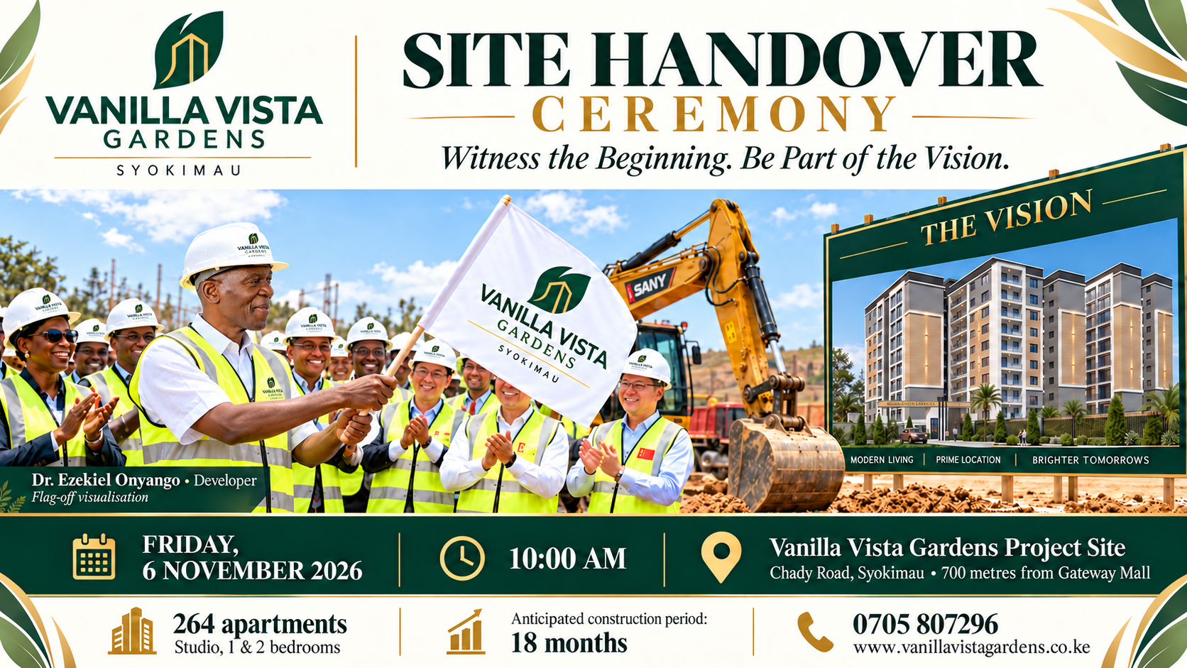 Visualisation of Dr. Ezekiel Onyango flagging off the site handover, alongside the Vanilla Vista Gardens project render.