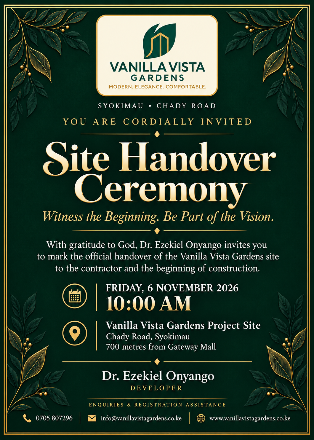 Invitation to the Vanilla Vista Gardens site handover, Friday 6 November 2026 at 10:00 AM.